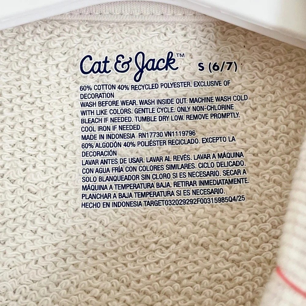 Cat & Jack Kids Oatmeal Heather Heart Embroidered‎ Pullover Sweatshirt S 6/7 NEW
